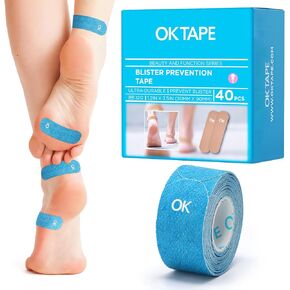 OK TAPE Blister Prevention Tape, 40 Pcs, Moleskin for Blisters, No-Residue Blister Bandages for Feet & Body, Heel Patches, 1.2in X 3.5in Precut Strips - Blue