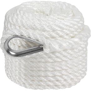 Anchor Rope 100 ft x 3/8 inch Polypropylene Rope 3 Strand Twisted Anchor Line for Boat/Sailboat/Mooring/Pull Lines，Boat Anchor Rope with Thimble, 4095LB Breaking Strain