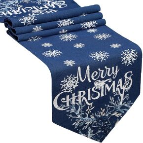 Boao Christmas Table Runner Embroidery Snowflake Elk Snowman Table Runner 13x70 Inch Xmas Classic Red Blue Runner for Dining Room Kitchen Christmas Wedding Winter Holiday Table Decor(Elk,Navy Blue)