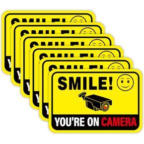 6PCS Smile Your On Camera Sign Sticker, Self-Adhesive Waterproof and Fade-Resistant Security Camera Sign,You Are Being Recorded Sign for Home, Office, Shop, Door（3" x 4.5"）