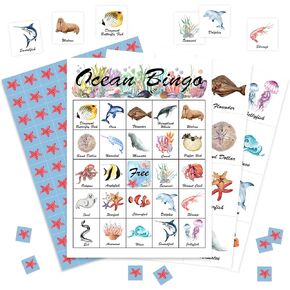 لعبة Ocean Bingo، مجموعة بطاقات Under The Sea Bingo، مستلزمات حفلات أعياد الميلاد للبالغين، أنشطة أصدقاء العائلة وديكورات لـ 24 لاعبًا، 01