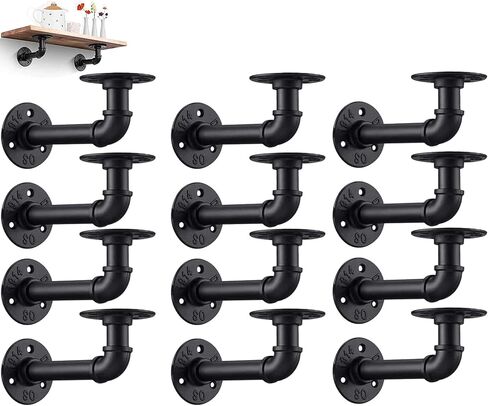 Industrial DIY Pipe Shelf Brackets,Vintage Black Iron Wall Mount Pipe Shelving Bracket, Rustic Home Pipe Shelf, 12 Pack in Saudi Arabia
