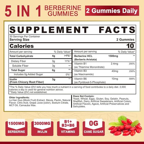 Berberine Supplement + 3g Inulin Prebiotic Fiber | Gummy Berberine 1500mg, Sugar Free | AMPK & GLP-1 Activator with Berberine HCL, B1 B3 B6 for Energy and Metabolism, Digestive & Immune Support, 1Pack in Saudi Arabia