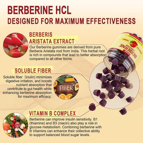 Berberine Supplement + 3g Inulin Prebiotic Fiber | Gummy Berberine 1500mg, Sugar Free | AMPK & GLP-1 Activator with Berberine HCL, B1 B3 B6 for Energy and Metabolism, Digestive & Immune Support, 1Pack in Saudi Arabia