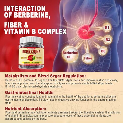 Berberine Supplement + 3g Inulin Prebiotic Fiber | Gummy Berberine 1500mg, Sugar Free | AMPK & GLP-1 Activator with Berberine HCL, B1 B3 B6 for Energy and Metabolism, Digestive & Immune Support, 1Pack in Saudi Arabia
