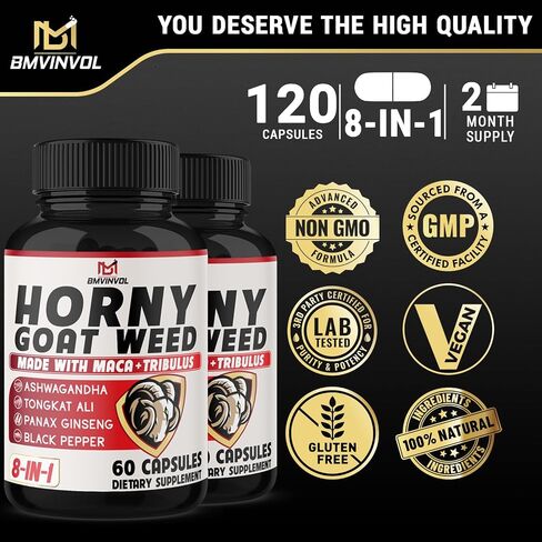 BMVINVOL (2 Packs) Horny Goat Weed Capsules with Panax Ginseng, Tribulus, Ashwagandha, Maca, Tongkat Ali - 120 Capsules for 2 Month Supply in Saudi Arabia