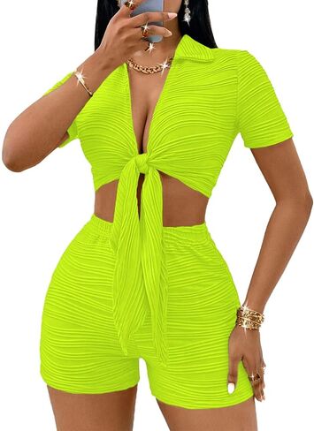 MSLG Women's Sexy 2 Piece Set Solid Summer Bodycon Suit Casual Tie Front Short Sleeve V Neck Crop Top Shorts Outfits Sets S42 in Saudi Arabia