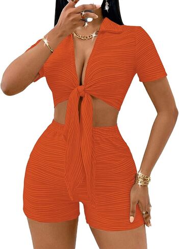 MSLG Women's Sexy 2 Piece Set Solid Summer Bodycon Suit Casual Tie Front Short Sleeve V Neck Crop Top Shorts Outfits Sets S42 in Saudi Arabia
