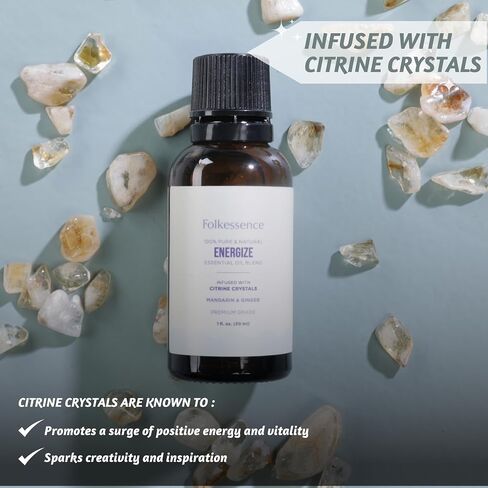 Folkulture Energize Essential Oil Blends, 100% Pure & Natural 1Fl. Oz. Mandarin & Ginger Premium Grade Blend with Citrine Crystals, Essential Oil Aromatherapy for Home Diffuser in Saudi Arabia