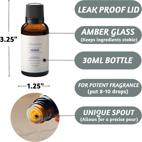 Folkulture Energize Essential Oil Blends, 100% Pure & Natural 1Fl. Oz. Mandarin & Ginger Premium Grade Blend with Citrine Crystals, Essential Oil Aromatherapy for Home Diffuser in Saudi Arabia