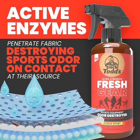 Uncle Todd's Fresh Gear Sports Equipment Odor Eliminator Spray - Extra Strength Enzyme-Powered Deodorizer for Football, Hockey, Gym Bags, and Athletic Gear - Citrus Sport Scent - 16oz in Saudi Arabia