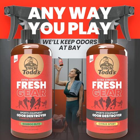 Uncle Todd's Fresh Gear Sports Equipment Odor Eliminator Spray - Extra Strength Enzyme-Powered Deodorizer for Football, Hockey, Gym Bags, and Athletic Gear - Citrus Sport Scent - 16oz in Saudi Arabia