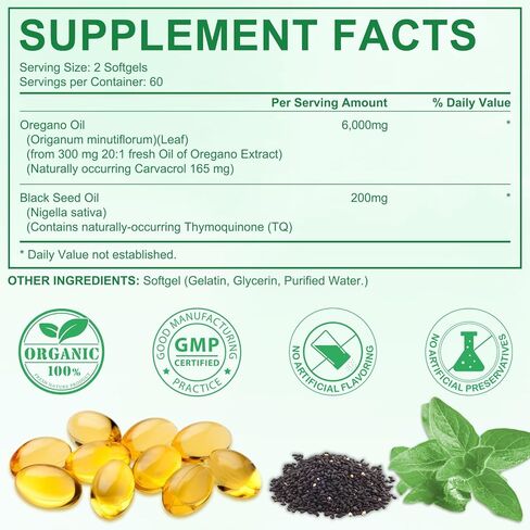 Oil of Oregano with Black Seed Oil,6000mg Oregano Oil Capsules Organic,Oil of Oregano Supplement Capsules,Oil of Oregano Capsules,Natural Antioxidants,120 Softgels in Saudi Arabia