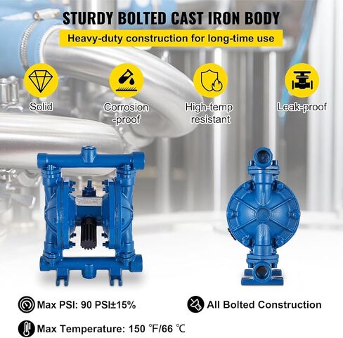 VEVOR Air-Operated Double Diaphragm Pump, 1/2 in Inlet & Outlet, Cast Iron Body, 3 GPM & Max 90 PSI, Nitrile Diaphragm Pneumatic Transfer Pump for Petroleum, Diesel, Oil & Low Viscosity Fluids in Saudi Arabia