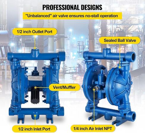 VEVOR Air-Operated Double Diaphragm Pump, 1/2 in Inlet & Outlet, Cast Iron Body, 3 GPM & Max 90 PSI, Nitrile Diaphragm Pneumatic Transfer Pump for Petroleum, Diesel, Oil & Low Viscosity Fluids in Saudi Arabia