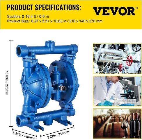 VEVOR Air-Operated Double Diaphragm Pump, 1/2 in Inlet & Outlet, Cast Iron Body, 3 GPM & Max 90 PSI, Nitrile Diaphragm Pneumatic Transfer Pump for Petroleum, Diesel, Oil & Low Viscosity Fluids in Saudi Arabia