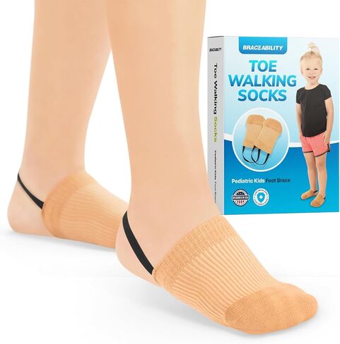 BraceAbility Toe Walking Socks (Pair) - Pediatric Kids Foot Brace for Comfortable Tip Toe Walking Prevention and Correction for Children and Toddlers, Cerebral Palsy Equipment, ADHD Support (M - Beige) in Saudi Arabia