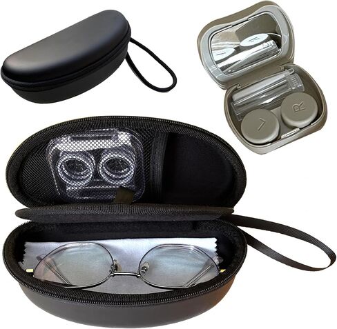 2 in 1 Contact Lens Case and Glasses Case Combo, Double Sided Dual Use Design Eyeglasses Case, Leak Proof & Portable, Tweezer and Contact Lens Solution Bottle Included for Travel Kit (Grey) in Kuwait