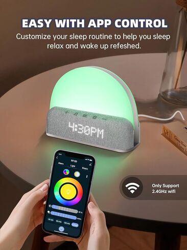 آلة الصوت الذكية ذات الضوضاء البيضاء من I·CODE، التحكم في تطبيق ساعة منبه شروق الشمس، إجراءات نوم مخصصة، ضوء يعمل باللمس خافت، نوم عميق، منبه لطيف in Kuwait