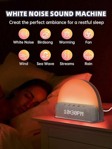 آلة الصوت الذكية ذات الضوضاء البيضاء من I·CODE، التحكم في تطبيق ساعة منبه شروق الشمس، إجراءات نوم مخصصة، ضوء يعمل باللمس خافت، نوم عميق، منبه لطيف in Kuwait