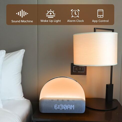 آلة الصوت الذكية ذات الضوضاء البيضاء من I·CODE، التحكم في تطبيق ساعة منبه شروق الشمس، إجراءات نوم مخصصة، ضوء يعمل باللمس خافت، نوم عميق، منبه لطيف in Kuwait