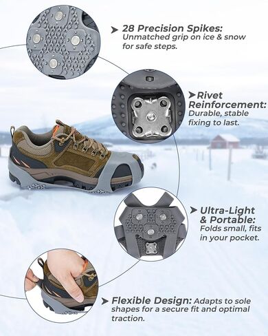 Sportneer Crampons, Ice Cleats for Shoes and Boots with 28 Spikes - Anti Slip Shoe Grip Easy to Wear Ice Traction Grips for Women & Men Walking Shoveling Snow on Ice and Snow in Saudi Arabia