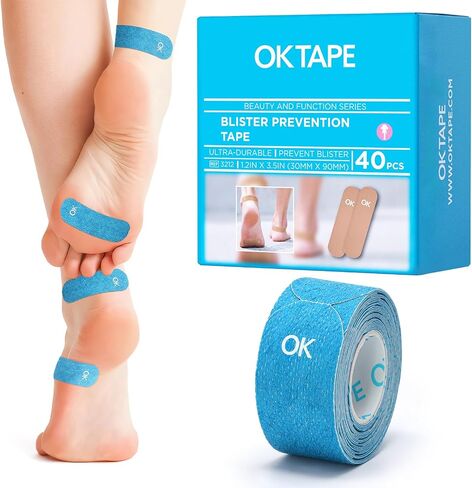 OK TAPE Blister Prevention Tape, 40 Pcs, Moleskin for Blisters, No-Residue Blister Bandages for Feet & Body, Heel Patches, 1.2in X 3.5in Precut Strips - Blue in Saudi Arabia