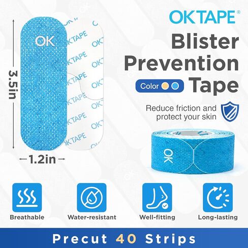 OK TAPE Blister Prevention Tape, 40 Pcs, Moleskin for Blisters, No-Residue Blister Bandages for Feet & Body, Heel Patches, 1.2in X 3.5in Precut Strips - Blue in Saudi Arabia