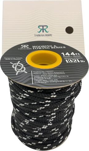 Mooring&Vehicle Towing&Camping&Dock&Marine Line&Docking Boat Rope Dual-Braided (Nylon Skin Nylon Core) with 9.8" Eyelet-Loop BlackW (B) (Black/White-dot 144-ft_Big Reel) 1 Reel 15/64"x144' TaiwanRope in Saudi Arabia