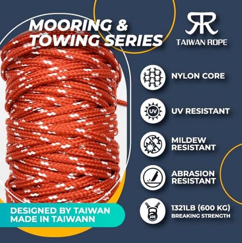 Mooring&Vehicle Towing&Camping&Dock&Marine Line&Docking Boat Rope Dual-Braided (Nylon Skin Nylon Core) with 9.8" Eyelet-Loop BlackW (B) (Black/White-dot 144-ft_Big Reel) 1 Reel 15/64"x144' TaiwanRope in Saudi Arabia