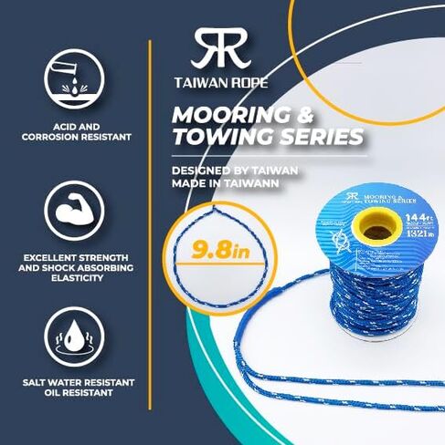 Mooring&Vehicle Towing&Camping&Dock&Marine Line&Docking Boat Rope Dual-Braided (Nylon Skin Nylon Core) with 9.8" Eyelet-Loop BlackW (B) (Black/White-dot 144-ft_Big Reel) 1 Reel 15/64"x144' TaiwanRope in Saudi Arabia
