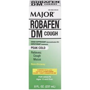 MAJOR Robafen DM Cough & Chest Congestion Cough Suppressant & Expectorant Dextromethorphan 20 mg/Guaifenesin 200 mg Raspberry Flavor Cough Syrup - 8 Fl Oz