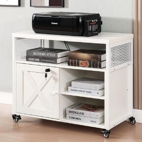 Door Locking Lateral File Cabinet with Charging Station, Rolling Printer Stand with Open Storage Shelf, Large Printer Stand with Storage fit A4/Letter Size for Home Office