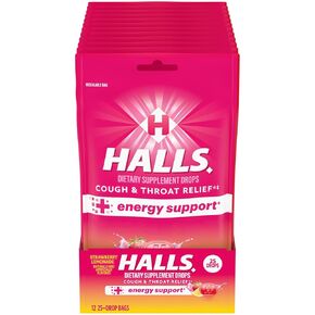 Halls Relief + Energy Support, Strawberry Lemonade Cough Drops, 12 Bags of 25 Drops (300 Total Drops)