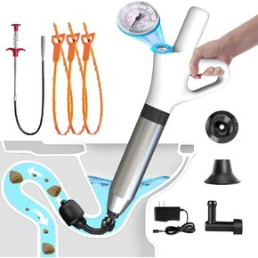 Electric Toilet Plunger with One -Touch Button, High Pressure Toilet Plunger with Barometer, Versatile Home Toilet Clog Remover, Air Plunger for Toilet, Bathroom, Floor Drain, White