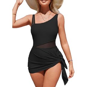 Charmo Womens One Piece Swim Dress Side Tie Knot Swimsuits Mesh Bathing Suits with Skirt Built-in Briefs