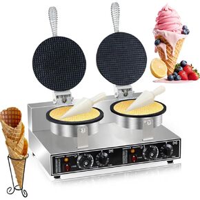 Ice Cream Cone Maker 110V Commercial Waffle Cone Machine 2600W Electric Stainless Steel Non-stick Cone Waffles Maker Double Head Egg Roll Mold for Restaurant Home Use