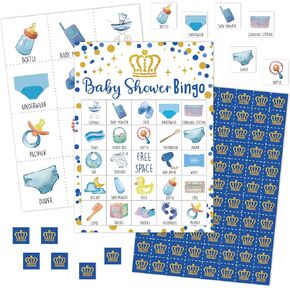Baby Shower Bingo Games Cards, Blue Crown Bingo Game Set, Gold Glitter Baby Shower Bingo Supplies for Adults Famiy Friends, Gender Reveal Party Decorations -22