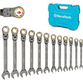 DURATECH Anti-Slip Flex-Head Ratcheting Wrench Set, Combination Wrench Set, 12-Piece, 72-Tooth, Metric, 8-19 mm, CR-V Steel, Organized in Storage Case