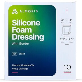 Silicone Foam Dressing 4x4 with Border - High Absorbency Silicone Bandages for Wounds, Waterproof, Hypoallergenic Large Wound Dressing Pads for Wound Care, Pressure Ulcers & Bed Sores, 10 Count