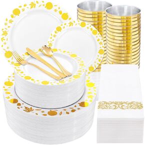 350 Pieces Black and Gold Plastic Plates with Disposable Silverware, Include 50 Dinner Plates 9", 50 Dessert Plates 6.3", 50 Gold Rim Black Cups 9 OZ, 50 Pre Rolled Napkins Packed in