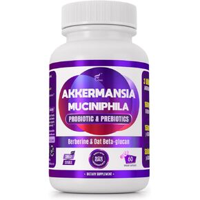 Akkermansia Probiotic for Gut Health Support with Berberine and Soluble Beta-Glucan Prebiotic Fiber; GLP-1 Probiotic, 3 Billion AFU, 60 Capsules