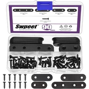 Swpeet 26Pcs 4 Sizes 77mm/57mm/47mm/37mm Stainless Steel Black Straight Corner Braces Sturdy Metal Brackets Mending Repair Plate Kit with 64Pcs Screws for Wooden Frame Bed Furniture Bookshelf