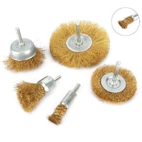 5Pcs Brass Wire Polishing Brush Wheel Set， Crimped Cup Brush with 1/4" Shank ，0.13mm Solid Brass for Drill