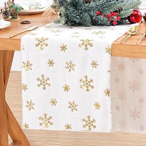 QueenDream White Fur Table Runner Silver Snowflakes Christmas Table Runner, Winter Xmas Holiday Kitchen Dining Table Decoration Indoor Outdoor Party Decor 13 x 48 Inch