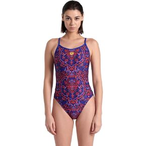 ARENA Performance Arabesque Women's Swimsuit Lace Back One Piece Athletic Training Ladies Bathing Suit, Neon Blue/Blue Multi