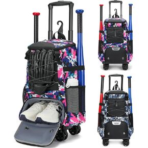 Rolling Baseball Bag, Wheeled Softball Bag with Fence Hook, Baseball Bag for Adult, Bat Bag with Shoe Compartment for Teeball Gear