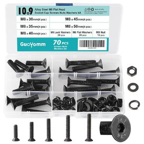 238 PCS M5 x 8mm 10mm 12mm 16mm 18mm 20mm 25mm, Flat Head Hex Socket Cap Screws Countersunk Bolts Washers Nuts Assortment Kit, 10.9 Grade Alloy Steel, Black Oxide Finish, Metric Allen Hex Drive
