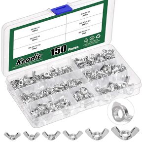 Keadic 150Pcs SAE Wing Nuts Assortment Set, #6-32, #8-32, #10-24, 1/4"-20, 5/16"-18, 3/8"-16 Carbon Steel Zinc Plated Butterfly Wing Nut Fasteners Wingnuts for Home Building Industry