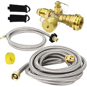 Extend a Stay RV Propane Kit, Propane Brass Tee Kit with 5FT and 12FT Stainless Braided Hoses, RV Propane Tank 4-Port Adapter Kit for Motorhomes, Connecting Auxiliary Propane Cylinders to Appliances